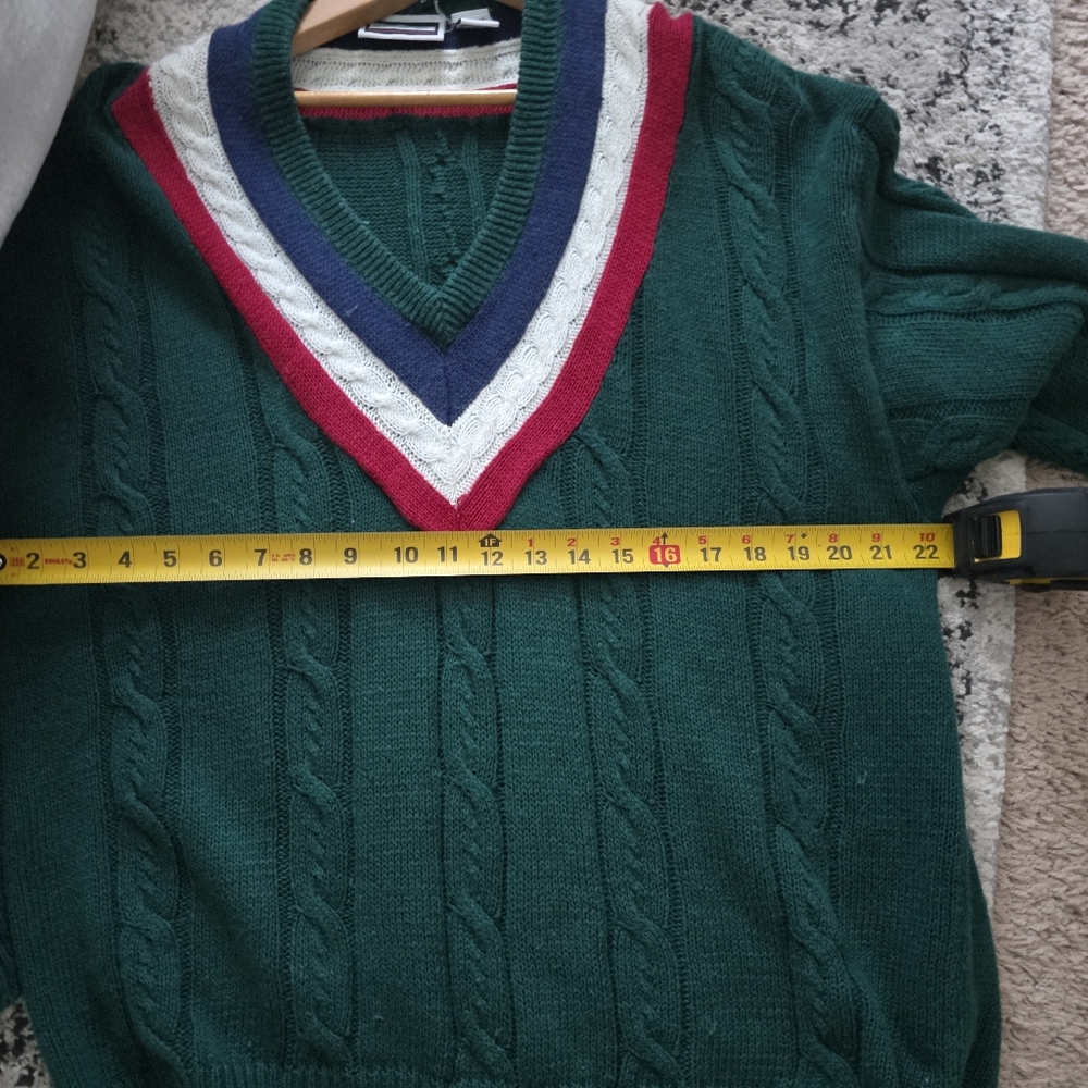 Vintage 90s Weekends Vneck Cableknit Sweater Mens L Cotton Blue Green Red White - Picture 7 of 8